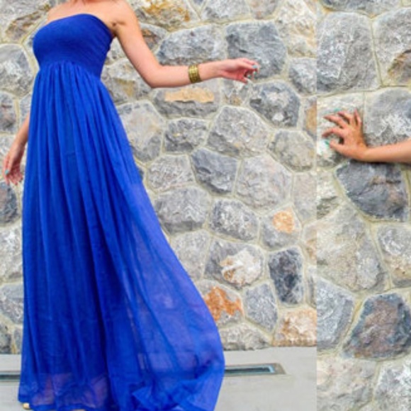 blue strapless maxi dress